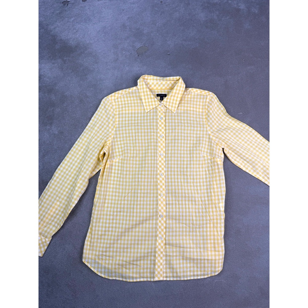 Talbots Shirt Womens Medium Yellow White Gingham Check Cotton Pleated Button Up